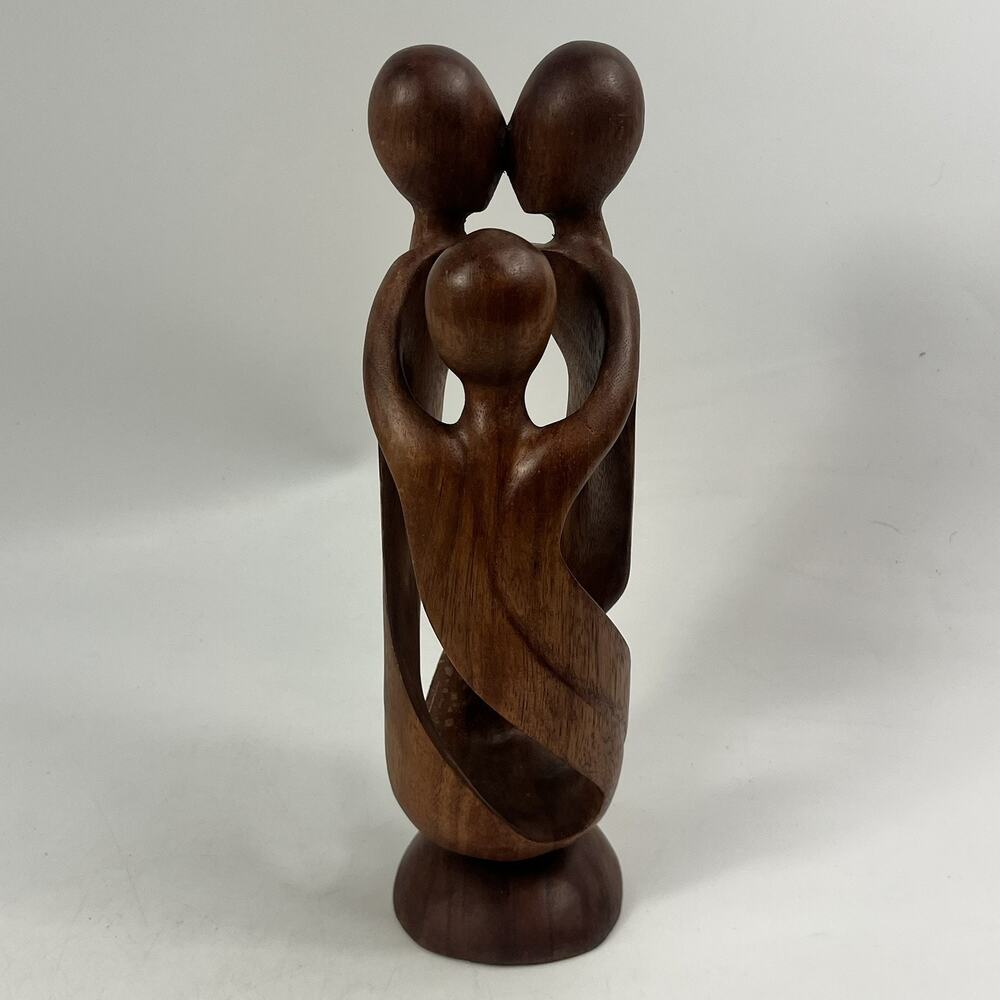 Hand Carved Wood Sculpture Family of Three Abstract Interlocking Statue 12 Inch